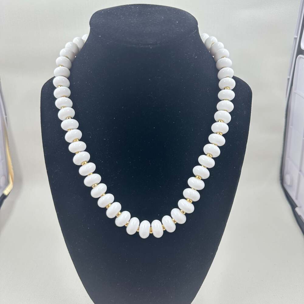 Vintage Napier White Melon Bead Necklace with Gold Tone Spacers